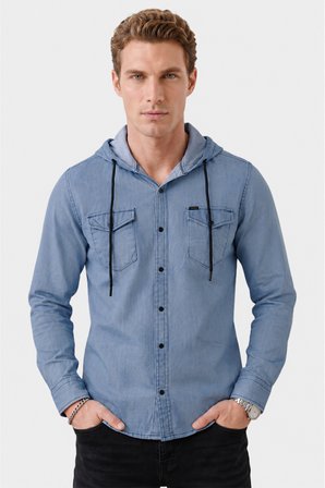 RizzUP Mavi Kapüşonlu Likralı Kot Gömlek – Slim Fit Çıt Çıt Kapamalı Erkek Gömlek 2300396
