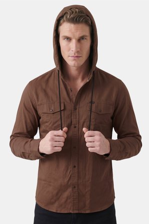 RizzUP Kahve Kapüşonlu Likralı Kot Gömlek – Slim Fit Çıt Çıt Kapamalı Erkek Gömlek 2300396