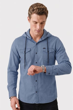 RizzUP Koyu Mavi Kapüşonlu Likralı Kot Gömlek – Slim Fit Çıt Çıt Kapamalı Erkek Gömlek 2300396