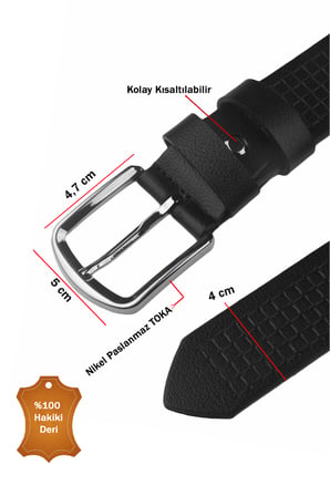 RizzUP Erkek Siyah Kare Desenli Hakiki Deri 4 cm Kemer – Spor Günlük Model Kemer 2402620