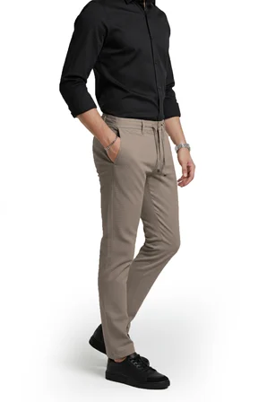 RizzUP Erkek Bej Likralı Gofre Kumaş Beli Lastikli İpli Slim Fit Günlük Pantolon 2600650