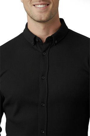RizzUP Erkek Siyah Slim Fit Fitilli Gömlek – Likralı Esnek Kumaş Şık Model 2500805