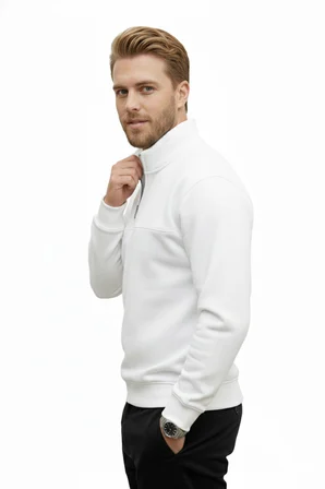 RizzUP Erkek Beyaz Relax Fit İçi Polarlı %100 Pamuk Yarım Fermuarlı Dik Yaka Sweatshirt 2600760