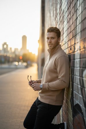 RizzUP Erkek Camel Relax Fit İçi Polarlı %100 Pamuk Yarım Fermuarlı Dik Yaka Sweatshirt 2600760