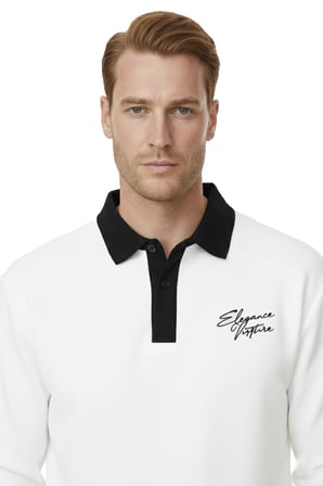 RizzUP Erkek Beyaz Relax Fit İçi Polarlı Polo Yaka Sweatshirt – Pamuklu Kalın Sweatshirt 2600762