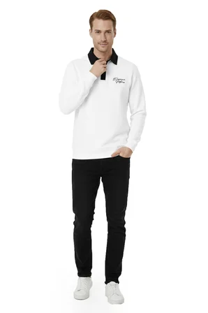 RizzUP Erkek Beyaz Relax Fit İçi Polarlı Polo Yaka Sweatshirt – Pamuklu Kalın Sweatshirt 2600762