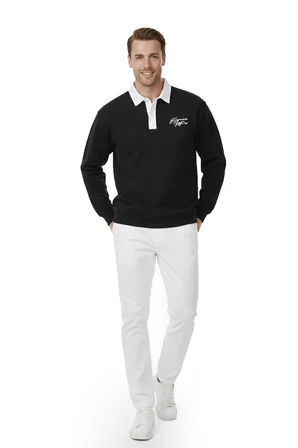 RizzUP Erkek Siyah Relax Fit İçi Polarlı Polo Yaka Sweatshirt – Pamuklu Kalın Sweatshirt 2600762