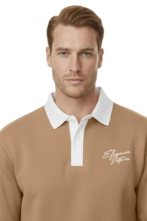 RizzUP Erkek Camel Relax Fit İçi Polarlı Polo Yaka Sweatshirt – Pamuklu Kalın Sweatshirt 2600762