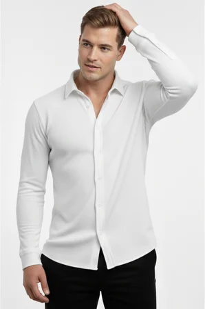 RizzUP Beyaz Slim Fit Örme Kumaş Likralı Erkek Gömlek – Nefes Alan Esnek ve Modern Tasarım 2602604