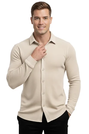 RizzUP Bej Slim Fit Örme Kumaş Likralı Erkek Gömlek – Nefes Alan Esnek ve Modern Tasarım 2602604