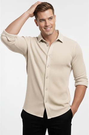 RizzUP Bej Slim Fit Örme Kumaş Likralı Erkek Gömlek – Nefes Alan Esnek ve Modern Tasarım 2602604