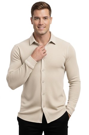 RizzUP Bej Slim Fit Örme Kumaş Likralı Erkek Gömlek – Nefes Alan Esnek ve Modern Tasarım 2602604