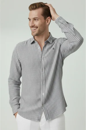 RizzUP Gri Slim Fit Çizgili %100 Pamuk Erkek Gömlek – Nefes Alan Şık Günlük Gömlek 2602626