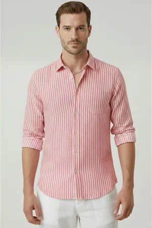 RizzUP Kırmızı Slim Fit %100 Pamuk Çizgili Erkek Gömlek – Cepli Yazlık Yeni Sezon Gömlek 2602627