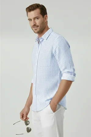 RizzUP Mavi Slim Fit %100 Pamuk Çizgili Erkek Gömlek – Cepli Yazlık Yeni Sezon Gömlek 2602627
