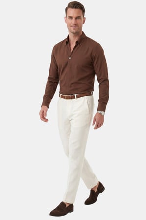 RizzUP Kahve Slim Fit Kolay Ütülenebilir Açık Dik Yaka Likralı Erkek Gömlek 2602615