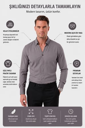 RizzUP Füme Slim Fit Kolay Ütülenebilir Açık Dik Yaka Likralı Erkek Gömlek 2602615