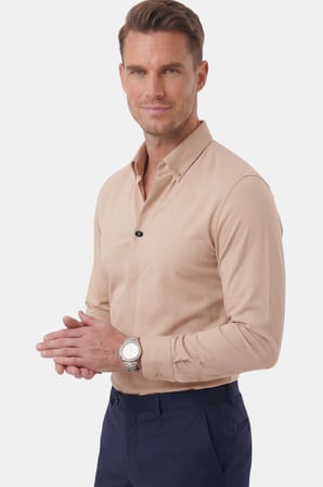 RizzUP Bej Slim Fit Kolay Ütülenebilir Açık Dik Yaka Likralı Erkek Gömlek 2602615
