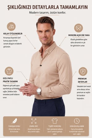 RizzUP Bej Slim Fit Kolay Ütülenebilir Açık Dik Yaka Likralı Erkek Gömlek 2602615