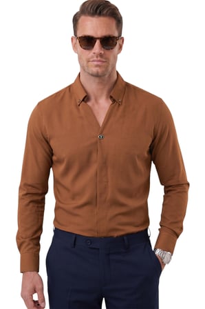 RizzUP Açık Kahve Slim Fit Kolay Ütülenebilir Açık Dik Yaka Likralı Erkek Gömlek 2602615