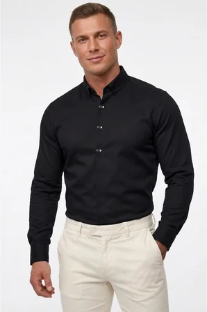 RizzUP Siyah Slim Fit Likralı Kolay Ütülenebilir Gizli Düğmeli Erkek Gömlek 2602614