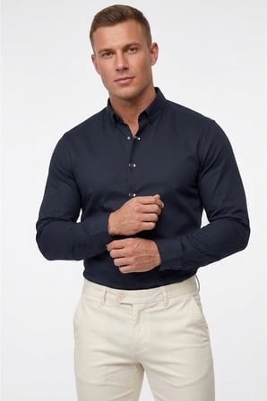 RizzUP Lacivert Slim Fit Likralı Kolay Ütülenebilir Gizli Düğmeli Erkek Gömlek 2602614