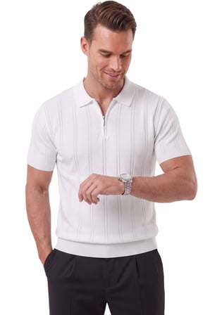 RizzUP Erkek Fermuarlı Polo Yaka Çizgi Dokulu Beyaz Triko Tişört Regular Fit Yumuşak Dokulu 2608007