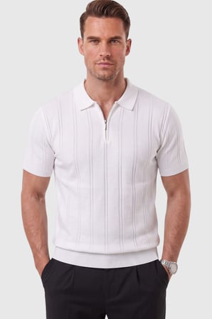 RizzUP Erkek Fermuarlı Polo Yaka Çizgi Dokulu Beyaz Triko Tişört Regular Fit Yumuşak Dokulu 2608007