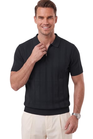 RizzUP Erkek Fermuarlı Polo Yaka Çizgi Dokulu Siyah Triko Tişört Regular Fit Yumuşak Dokulu 2608007