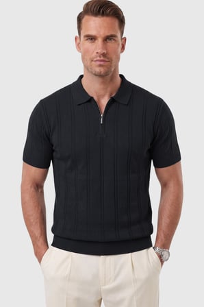 RizzUP Erkek Fermuarlı Polo Yaka Çizgi Dokulu Siyah Triko Tişört Regular Fit Yumuşak Dokulu 2608007