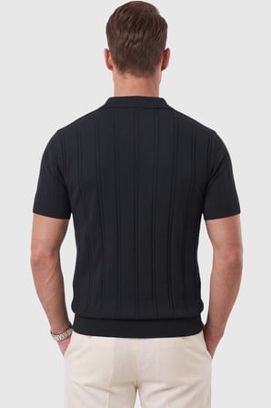 RizzUP Erkek Fermuarlı Polo Yaka Çizgi Dokulu Siyah Triko Tişört Regular Fit Yumuşak Dokulu 2608007