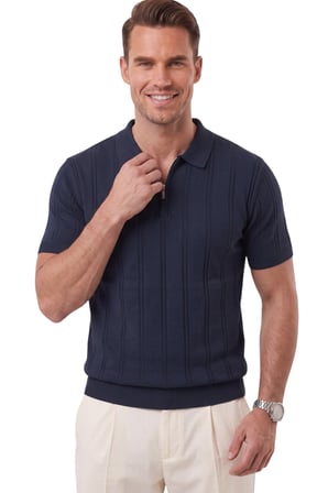 RizzUP Erkek Fermuarlı Polo Yaka Çizgi Dokulu Lacivert Triko Tişört Regular Fit Yumuşak Dokulu 2608007