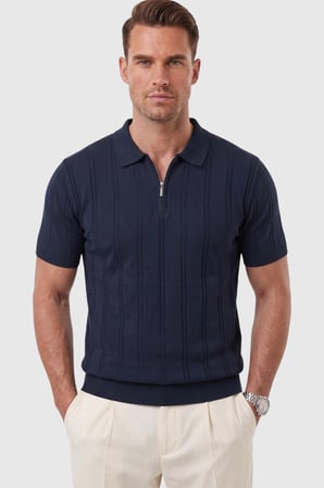 RizzUP Erkek Fermuarlı Polo Yaka Çizgi Dokulu Lacivert Triko Tişört Regular Fit Yumuşak Dokulu 2608007