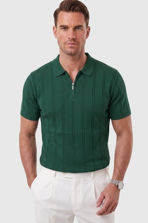 RizzUP Erkek Fermuarlı Polo Yaka Çizgi Dokulu Yeşil Triko Tişört Regular Fit Yumuşak Dokulu 2608007