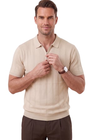 RizzUP Erkek Fermuarlı Polo Yaka Çizgi Dokulu Bej Triko Tişört Regular Fit Yumuşak Dokulu 2608007