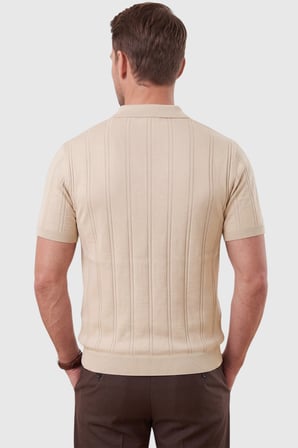 RizzUP Erkek Fermuarlı Polo Yaka Çizgi Dokulu Bej Triko Tişört Regular Fit Yumuşak Dokulu 2608007