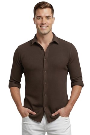 RizzUP Kahve Slim Fit Örme Kumaş Likralı Erkek Gömlek – Nefes Alan Esnek ve Modern Tasarım 2602604
