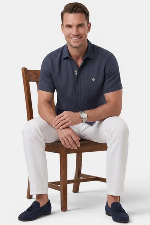 RizzUP Lacivert Flamlı Keten Erkek Gömlek – Yazlık %100 Pamuk Rahat Kesim 2602652