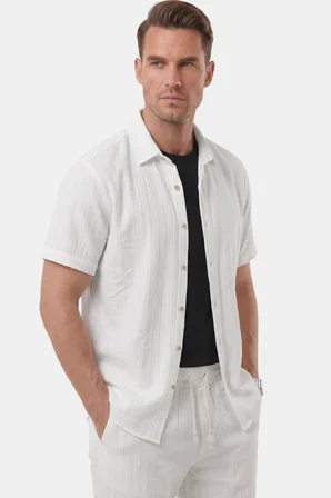 RizzUP Beyaz Slim Fit Çizgi Dokulu Keten Görünümlü Kısa Kol Erkek Spor Gömlek 2602648