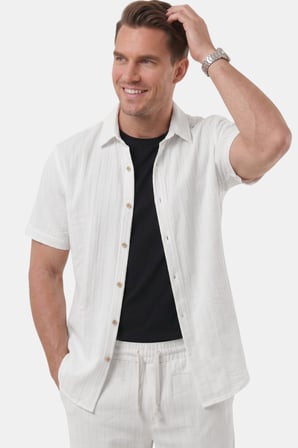 RizzUP Beyaz Slim Fit Çizgi Dokulu Keten Görünümlü Kısa Kol Erkek Spor Gömlek 2602648