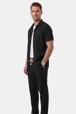 RizzUP Siyah Slim Fit Çizgi Dokulu Keten Görünümlü Kısa Kol Erkek Spor Gömlek 2602648