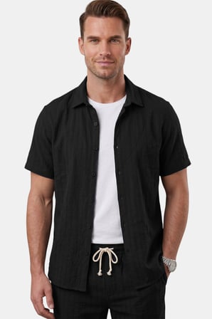 RizzUP Siyah Slim Fit Çizgi Dokulu Keten Görünümlü Kısa Kol Erkek Spor Gömlek 2602648