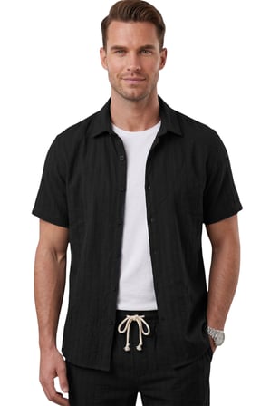 RizzUP Siyah Slim Fit Çizgi Dokulu Keten Görünümlü Kısa Kol Erkek Spor Gömlek 2602648