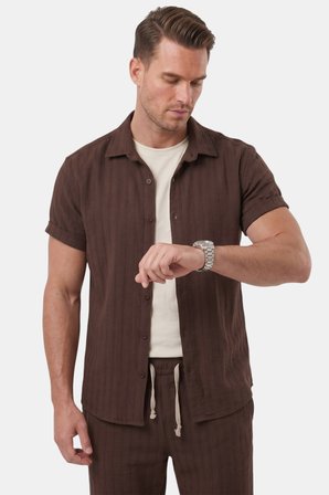RizzUP Kahve Slim Fit Çizgi Dokulu Keten Görünümlü Kısa Kol Erkek Spor Gömlek 2602648