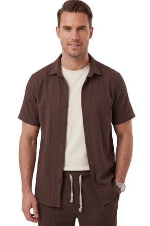 RizzUP Kahve Slim Fit Çizgi Dokulu Keten Görünümlü Kısa Kol Erkek Spor Gömlek 2602648