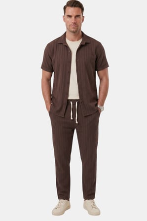 RizzUP Kahve Slim Fit Çizgi Dokulu Keten Görünümlü Kısa Kol Erkek Spor Gömlek 2602648