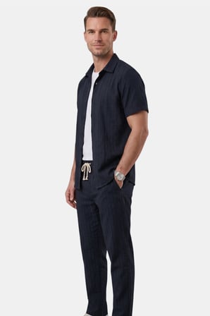 RizzUP Lacivert Slim Fit Çizgi Dokulu Keten Görünümlü Kısa Kol Erkek Spor Gömlek 2602648
