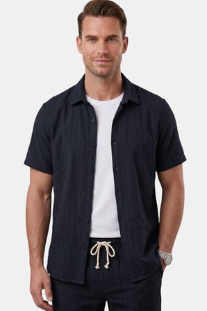 RizzUP Lacivert Slim Fit Çizgi Dokulu Keten Görünümlü Kısa Kol Erkek Spor Gömlek 2602648