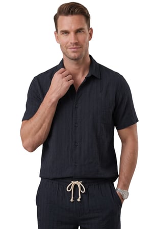 RizzUP Lacivert Slim Fit Çizgi Dokulu Keten Görünümlü Kısa Kol Erkek Spor Gömlek 2602648