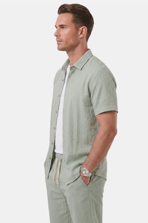 RizzUP Yeşil Slim Fit Çizgi Dokulu Keten Görünümlü Kısa Kol Erkek Spor Gömlek 2602648